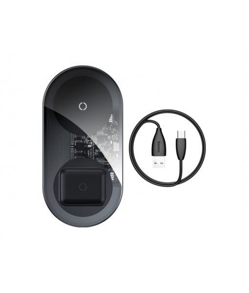 Incarcator Premium De Birou Wireless Baseus Simple 2 In 1 Pentru Telefon Si Airpods 18w Negru Transparent